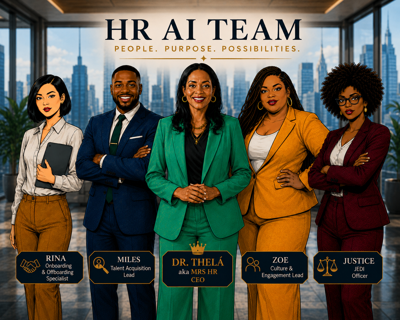 Meet the MRS HR AI Team — Dr. Thelá, Miles, Zoe, Justice, and Rina